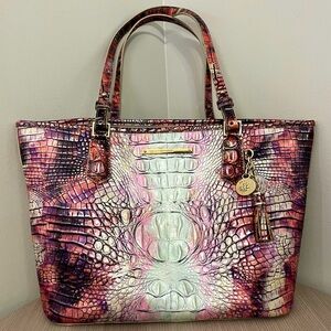 Brahmin Pink and White Crocodile Embossed Tote Bag